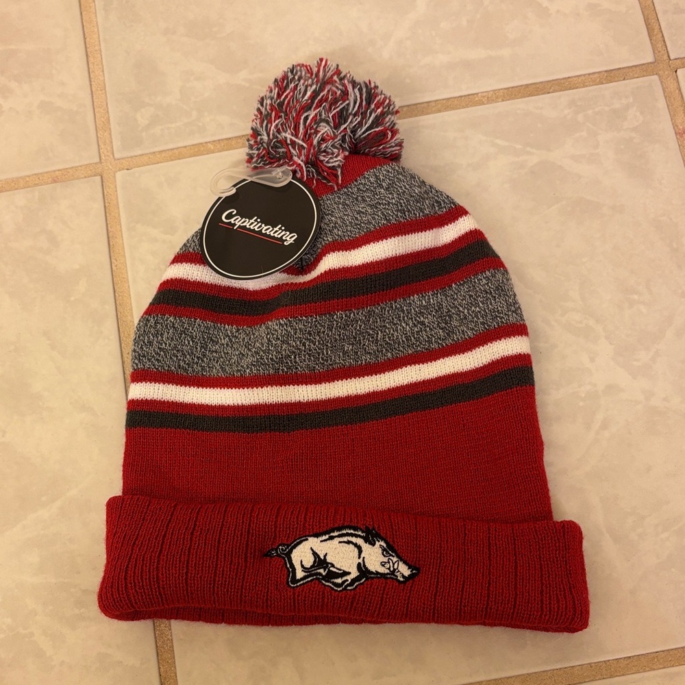 Kids Red and Gray Pom-Pom Beanie